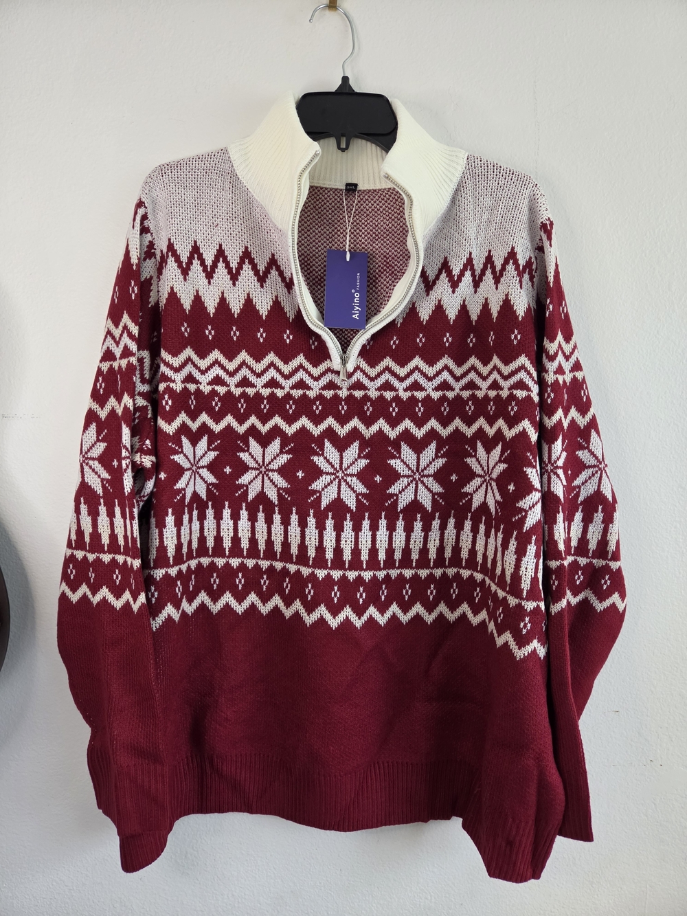 Mens Red Fair Isle Half-Zip Sweater - Unbranded